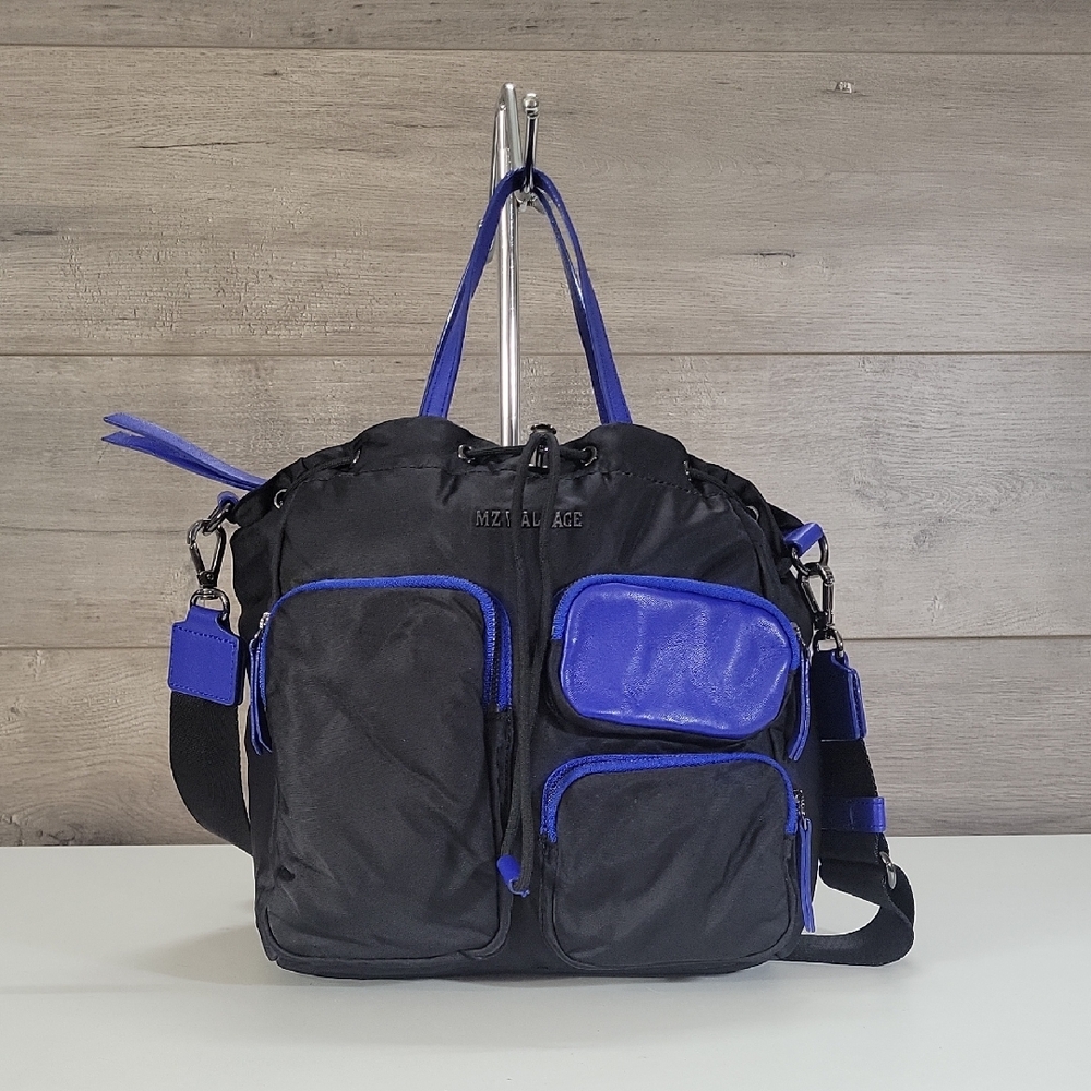 MZ Wallace Bowery Pocket Black Cobalt Nylon Puffer Crossbody Shoulder Bag Tote
